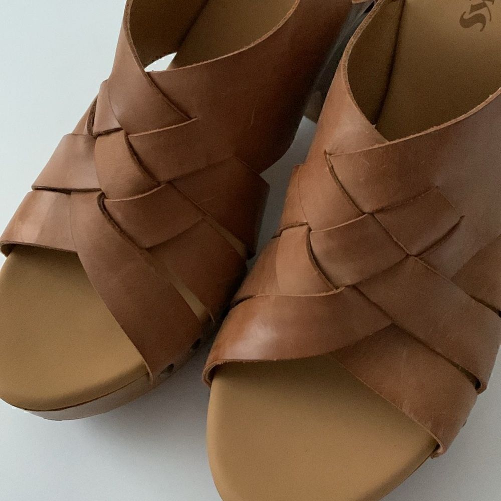 Korks Bagley brown basket woven leather upper open toe wooden heel size 11 - Picture 4 of 12